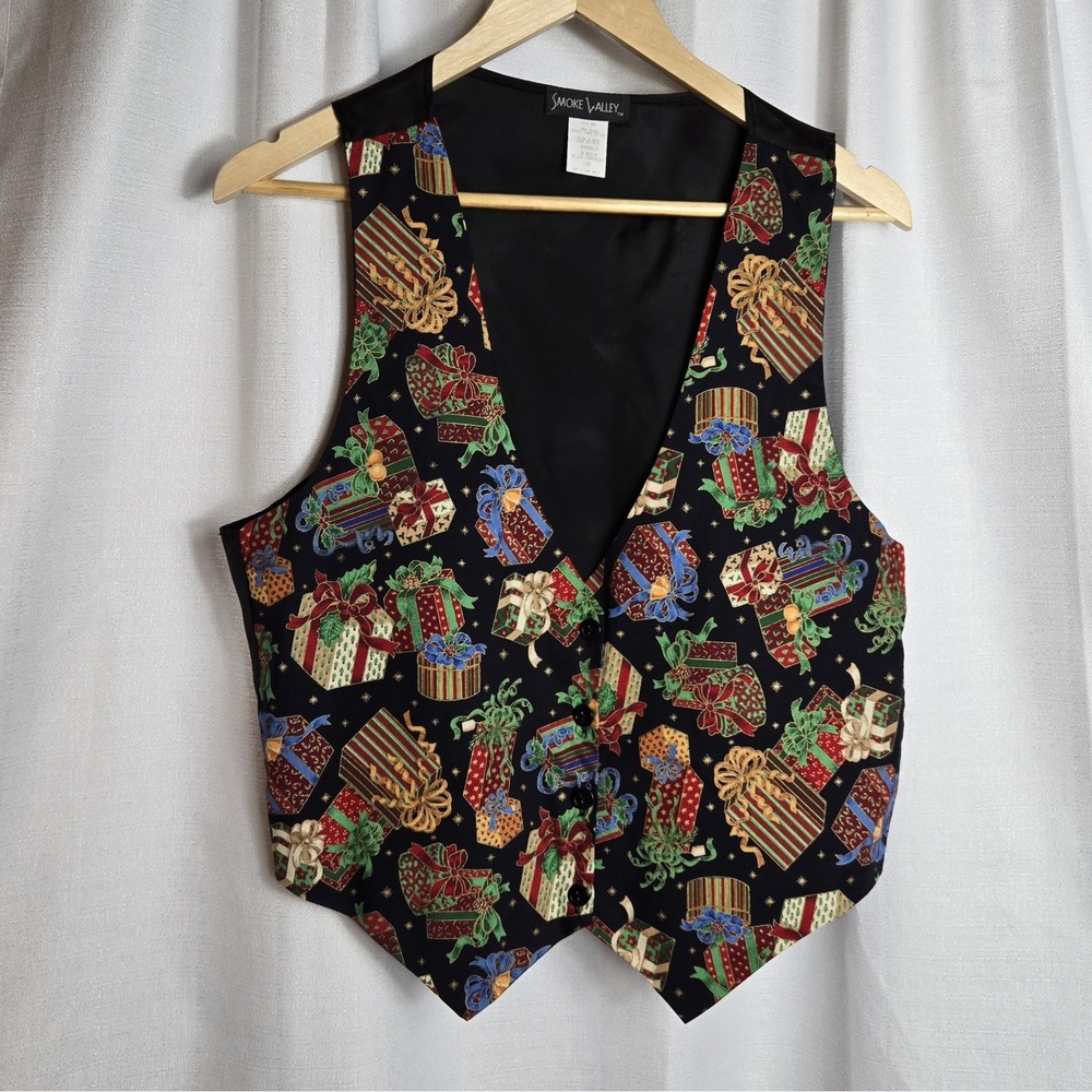 Vtg 80s 90s Smoke Valley Christmas Holiday Presents Vest L‎ XL Ugly Sweater